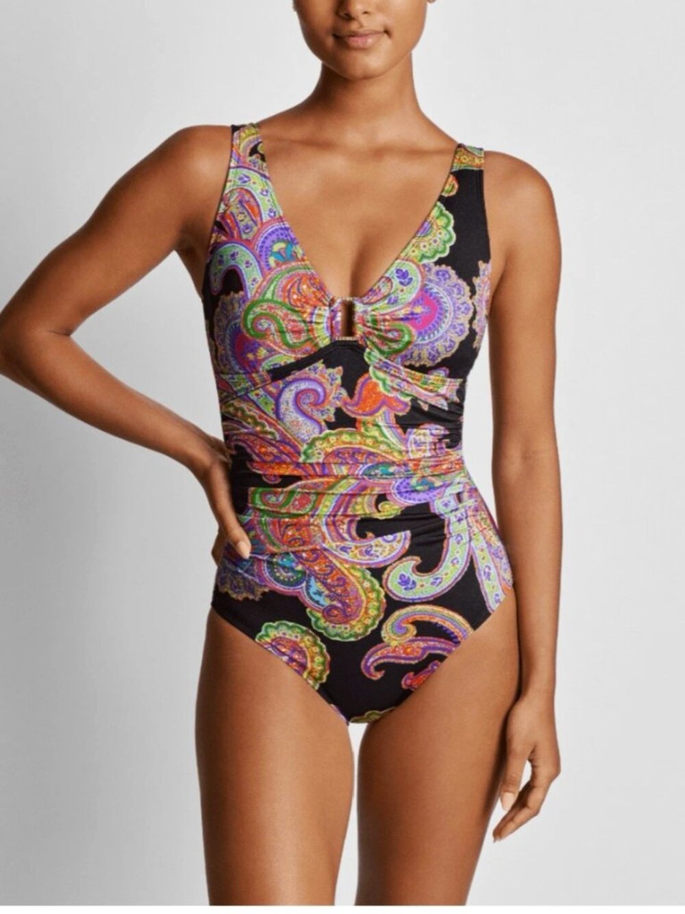 Lauren Ralph Lauren Size 16 One Piece Swimsuit Black Paisley Gold Ring V-Neck
